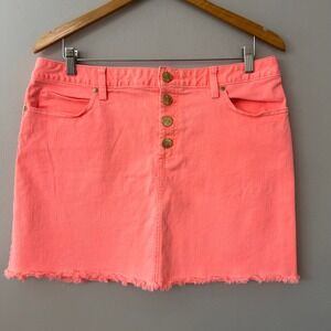 Lilly Pulitzer Kooper Mini Skirt Womens 14 Pink High Waisted Denim Frayed Hem‎